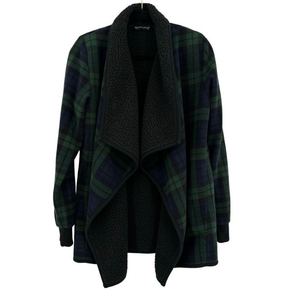Abercrombie & Fitch Open Waterfall Front Fleece Jacket Green Plaid Medium
